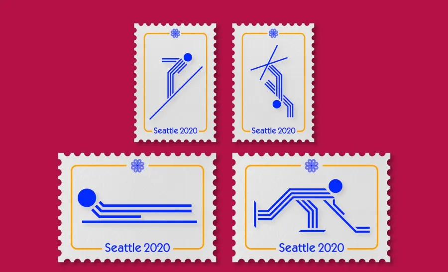 Tickets for "Seattle 2020 Olympics" showing abstract icons for luge, curling, and ice hockey.