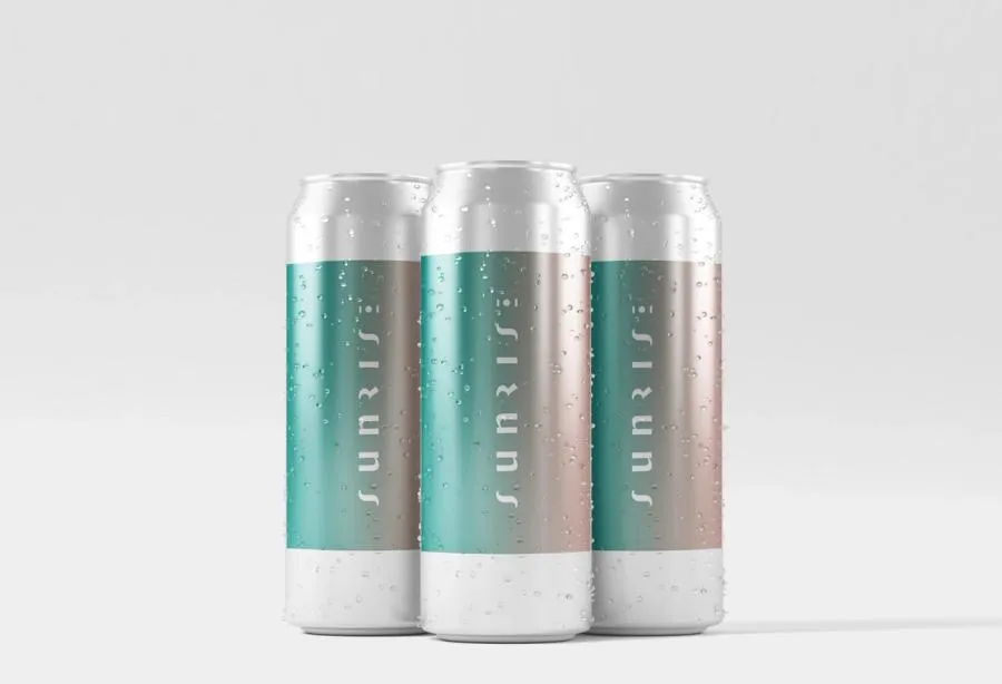 Product mockup showing three cans with the label "Sunrise" on a turquoise background.