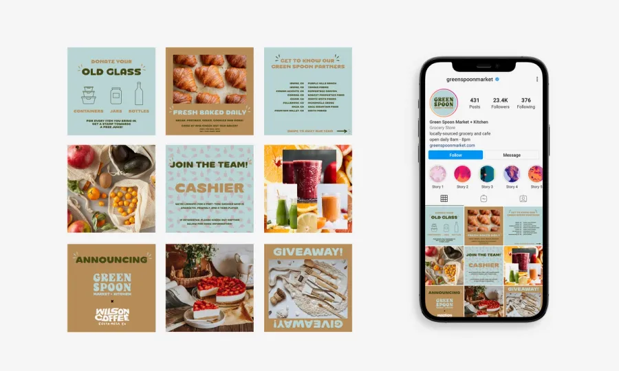 Mockup showing a grid of social media posts for a food brand and a mobile app screen. The colors are primarily light blue and brown.