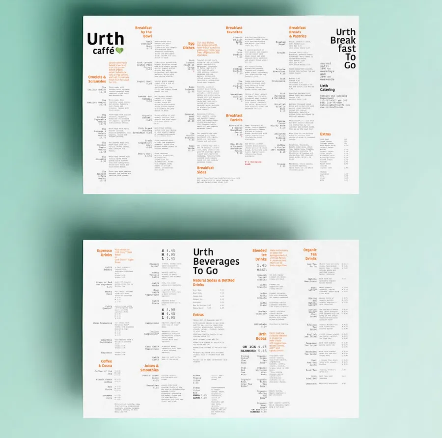 Menu mockup for Urth Caffe on a green background.