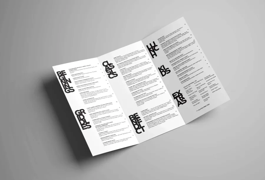 Trifold brochure menu mockup for a restaurant.