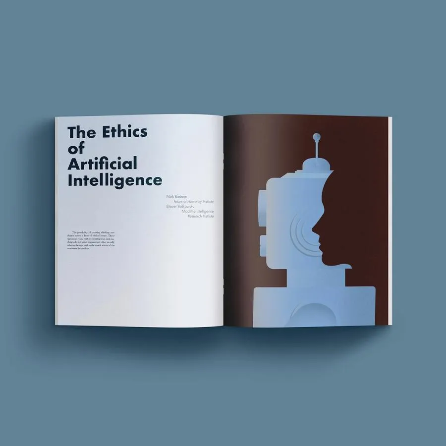 Magazine mockup showing an article titled "The ethics of artificial intelligence," next to an illustration of robot and human face.