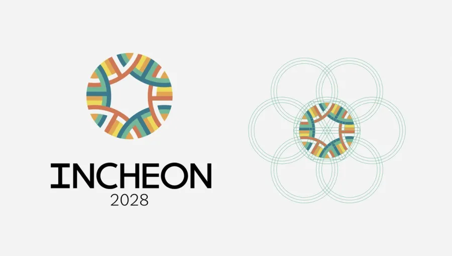 Logo for "Incheon 2028" showing a graphic of overlapping circles of many colors.