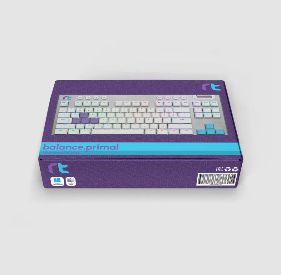 Package design mockup for a keyboard called "balance primal," in purple and light blue colors.