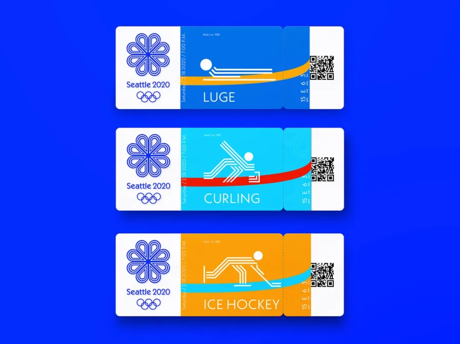 Tickets for "Seattle 2020 Olympics" showing abstract icons for luge, curling, and ice hockey.