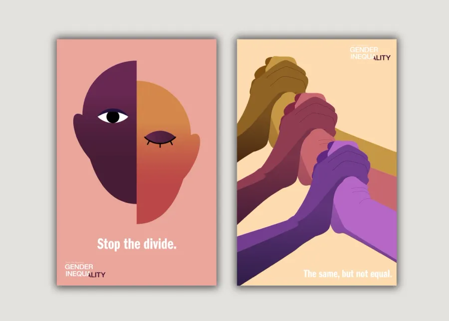 Two posters for gender inequality awareness in pink, yellow, and purple colors. The first has the text "Stop the divide," the second has the text "The same, but not equal".