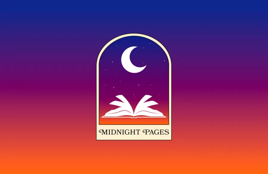 Logo of an arch framing a moon and open book with the text "Midnight Pages," on a vibrant blue to orange gradient background.