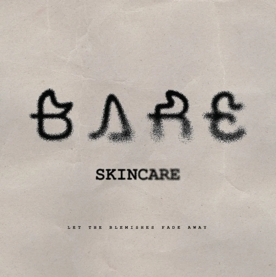 Logo for "Bare" skincare brand in fuzzy text with the tagline, "Let the blemishes fade away."