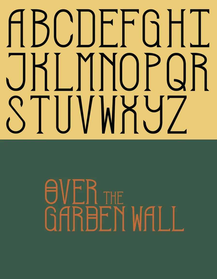 Artistic typeface specimen showing all letters of the alphabet and the text "Over the garden wall."