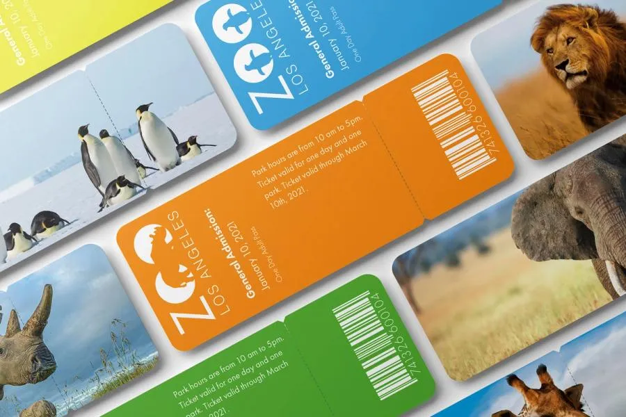 Mockups of tickets to the Los Angeles Zoo; one side has information in vibrant yellow, blue, orange, and green colors, the other side has images of zoo animals.